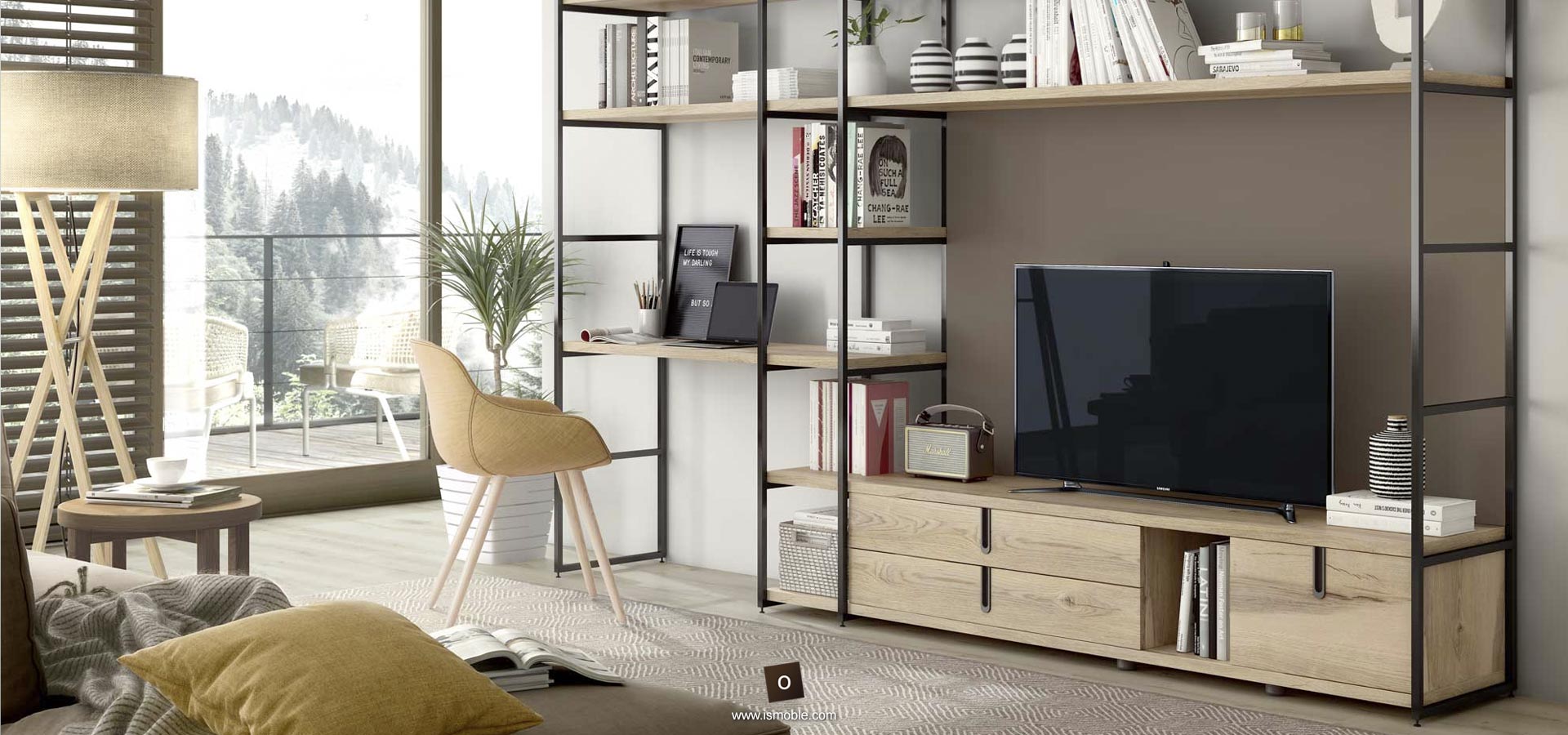 Detall moble tv modular amb llibreria i tv